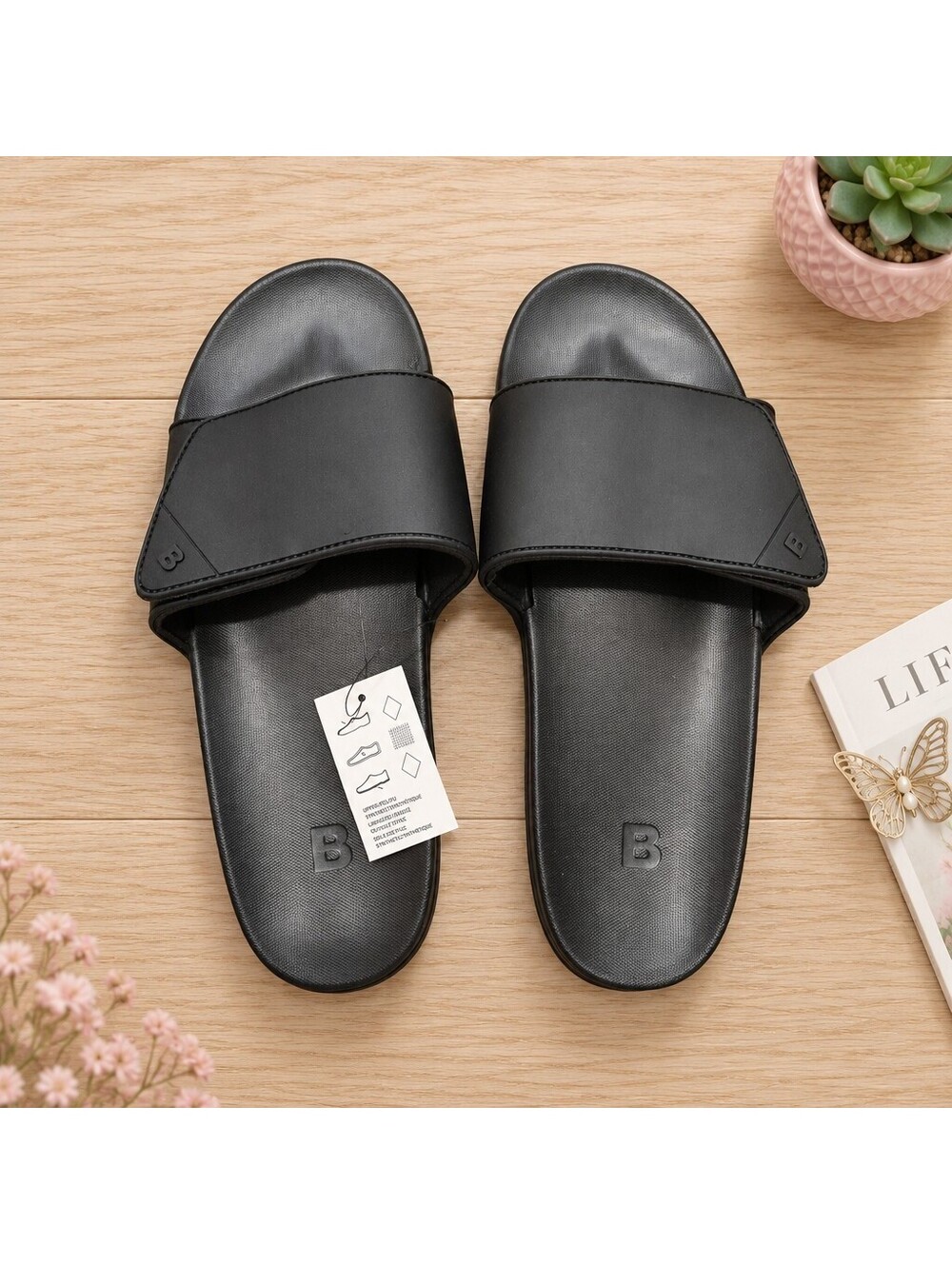 Black Unisex Comfort Slide Sandals Adjustable Strap New